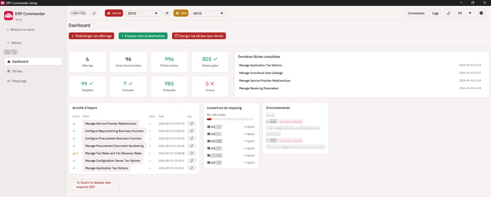Tableau de bord ERP Commander Setup